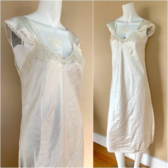 Vintage Other - Vintage Ivory Lace-Trim Slip Dress | 90s Silky Cap Sleeve Lingerie Midi Dress